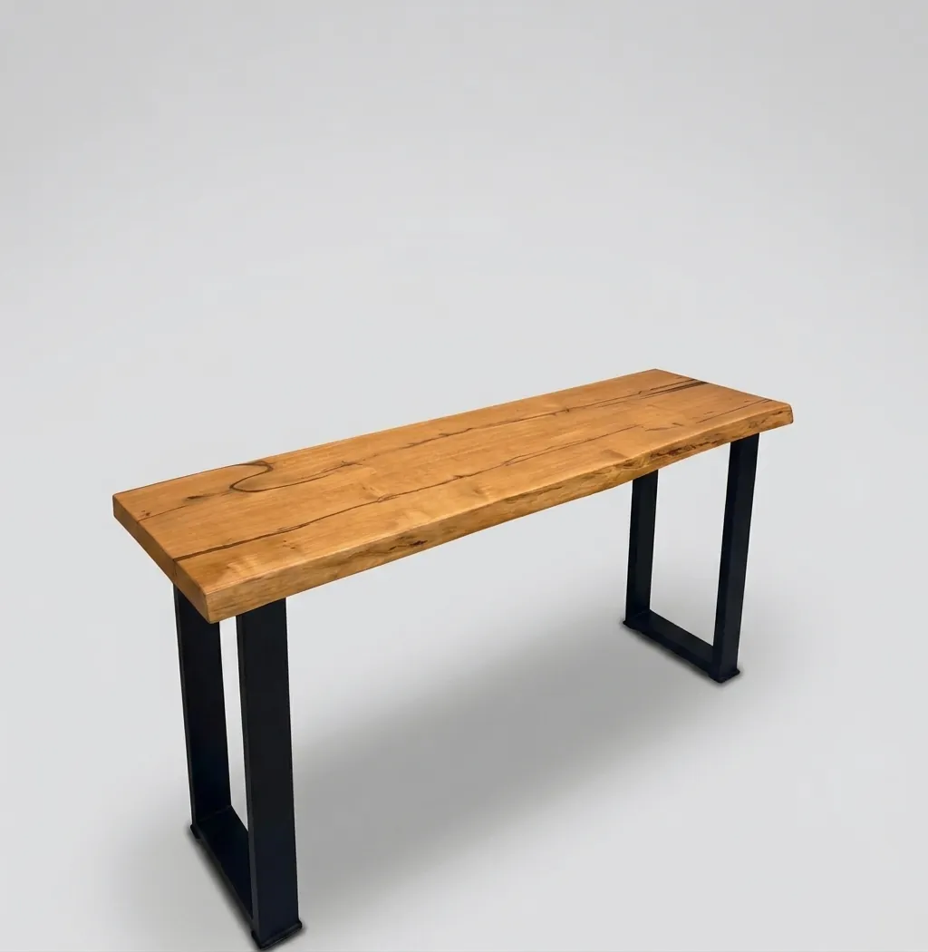 A live-edge console table on a square steel frame