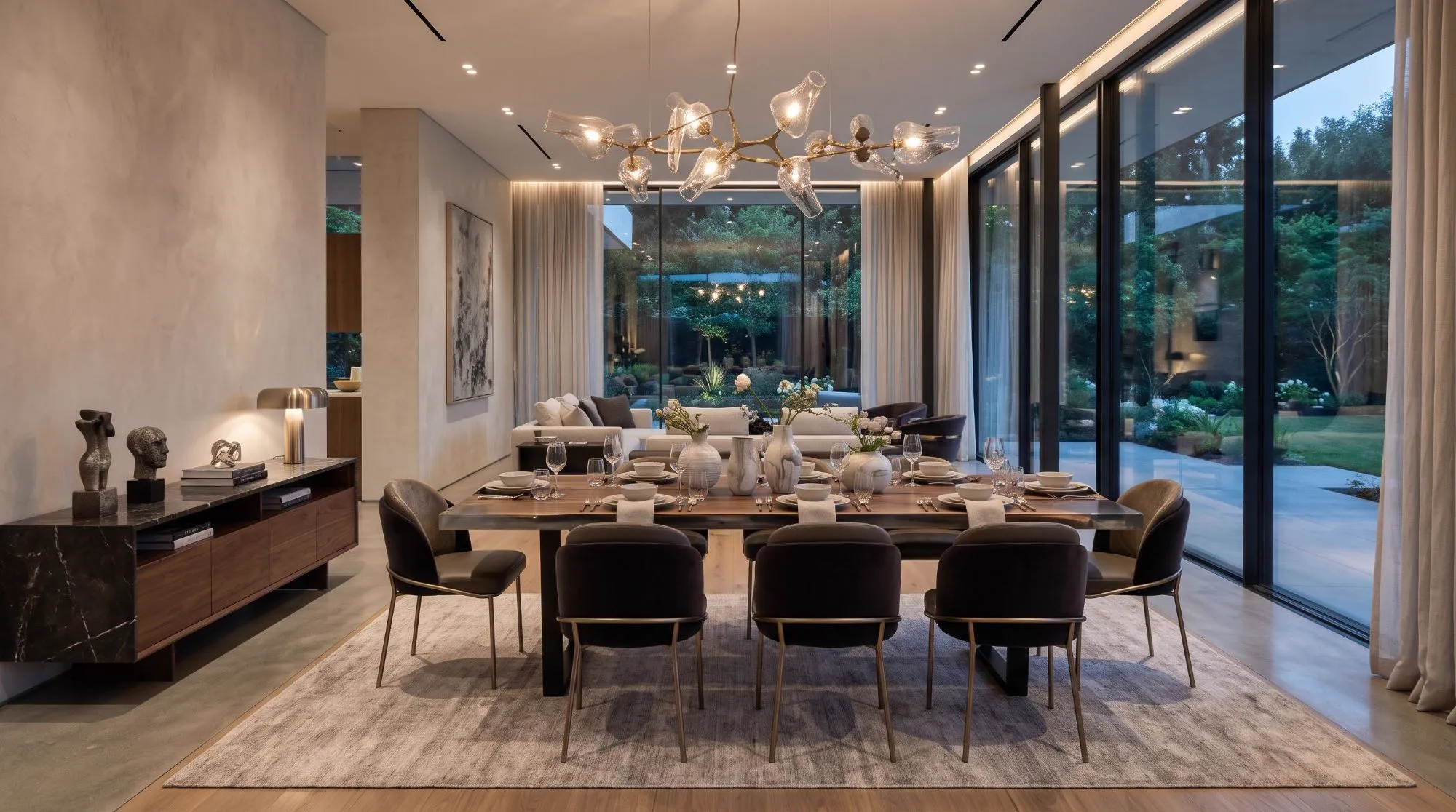 A walnut table laid for dinner under a glass chandelier, in a dining room open to the garden