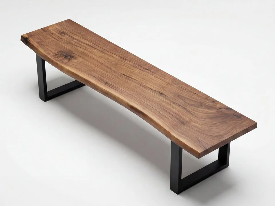 A live-edge bench on black steel legs