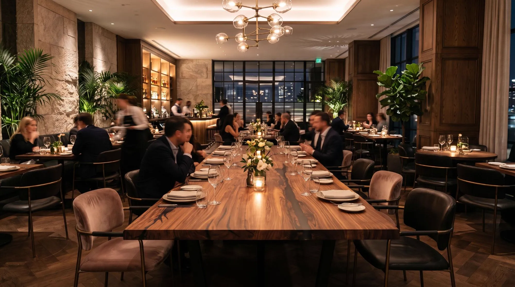 A long walnut river table laid for dinner in a busy restaurant at night
