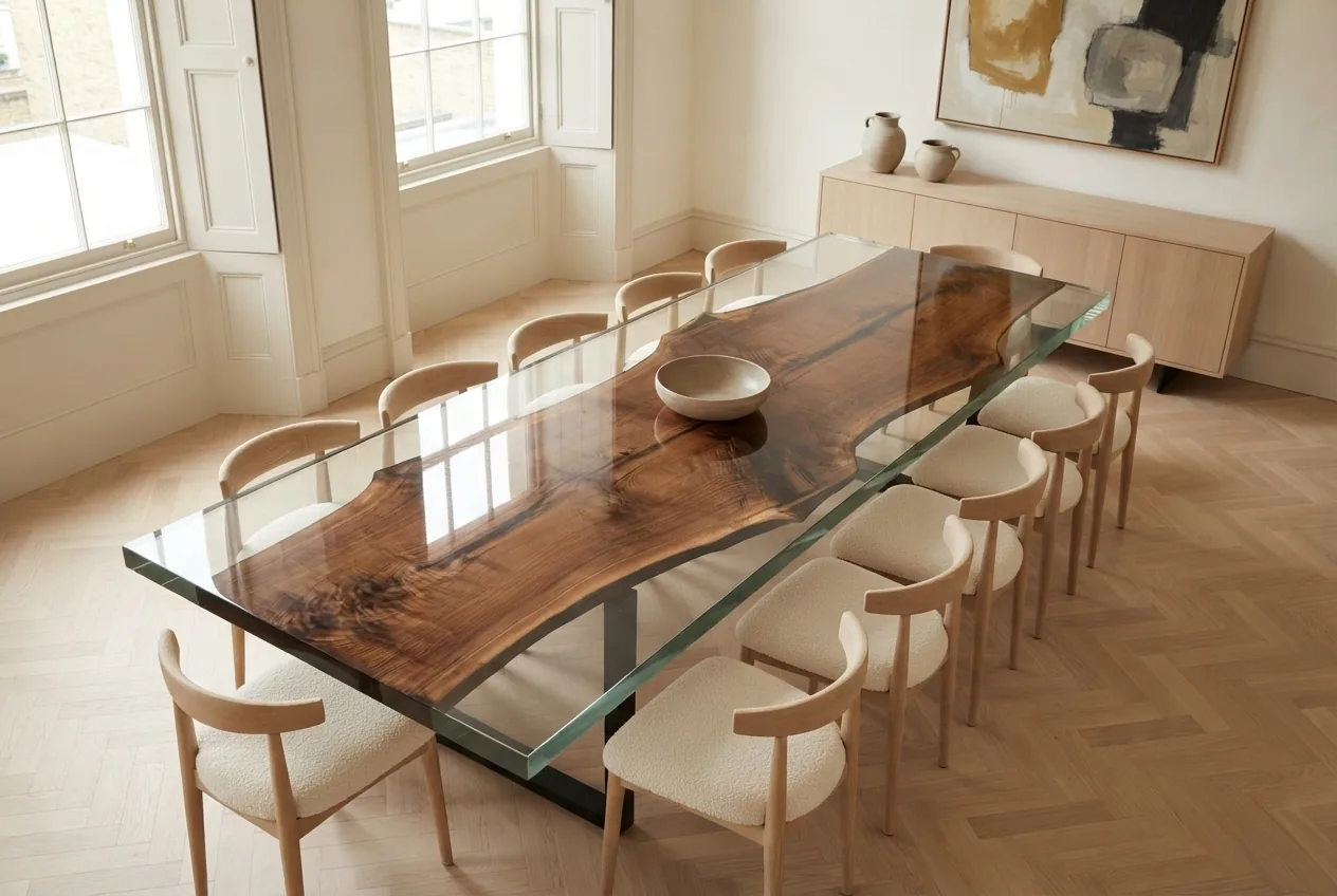 A long walnut and glass river table with twelve chairs in a bright room