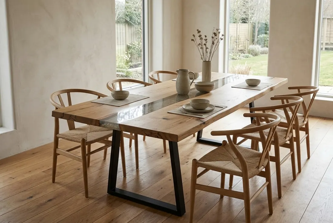 Un tavolo river Elegante in rovere con sedie in legno in una sala da pranzo luminosa